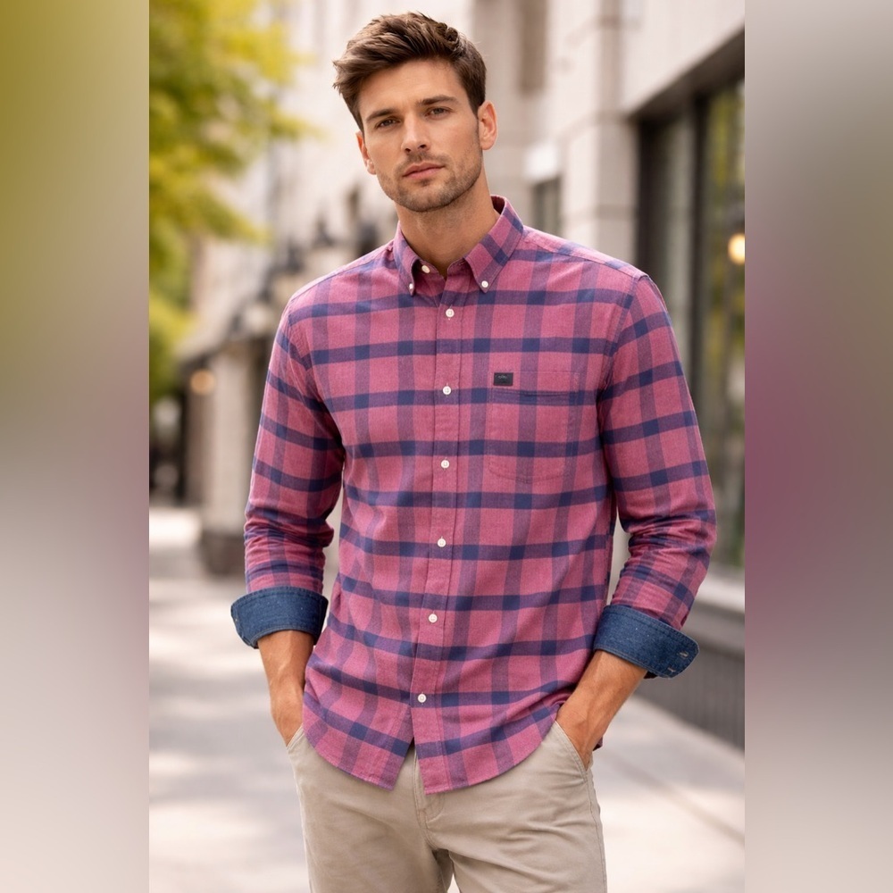 Ben Sherman Men Button-Down Shirt Plaid Long Sleeve XL Contrast Collar And Cuffs